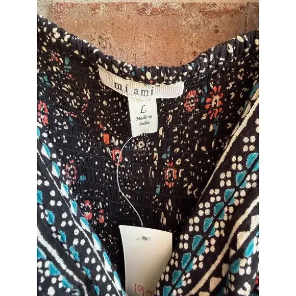 Miami Womens Multicolor Floral Boho Smocked Wrap V-Neck Blouse Tops Sz Large NWT - Picture 3 of 3